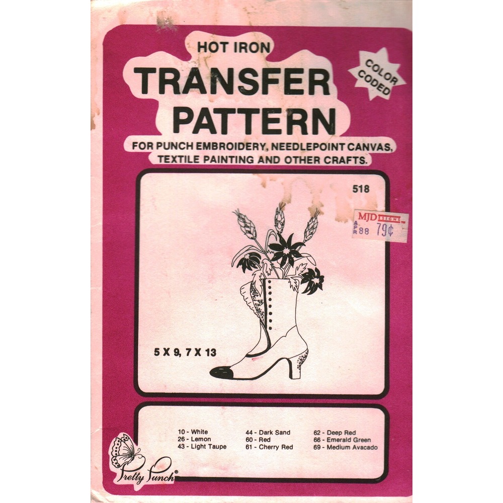 Pretty Punch 518 Hot Iron Transfer Pattern Victorian Boot Flower Floral Vintage